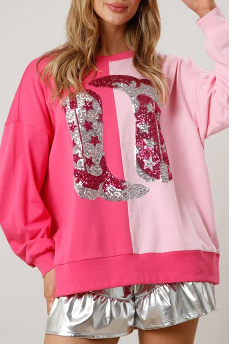 Casual Patchwork Embroidered Sequins Contrast O Neck Tops Pink