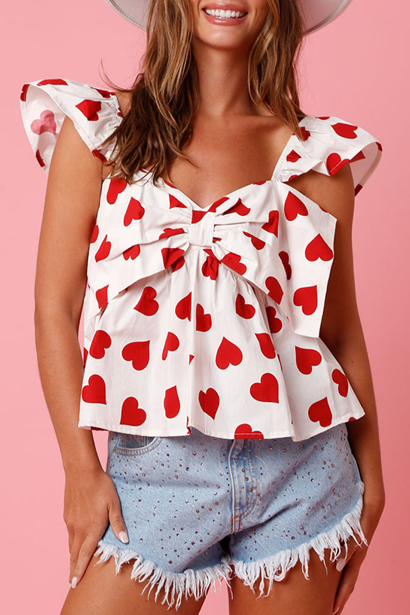 Sweet Cute Geometric Print With Bow V Neck Tops White Red