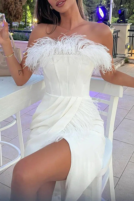 Sexy Formal Solid Feathers Slit Fold Strapless Sleeveless Dress Dresses White