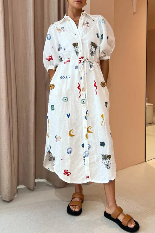 Casual Letter Print Digital Pocket Turndown Collar Shirt Dress Dresses White