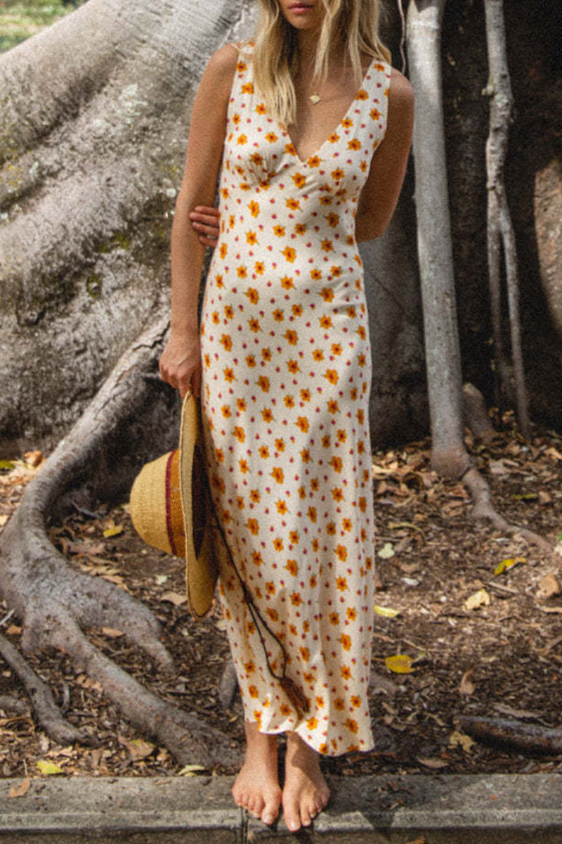 Sweet Vacation Geometric Printing V Neck Sleeveless Dress Dresses Apricot