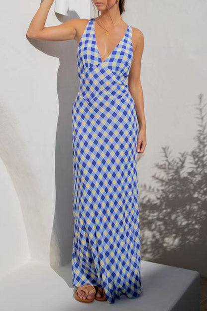 Sweet Vacation Geometric Printing V Neck Sleeveless Dress Dresses Blue