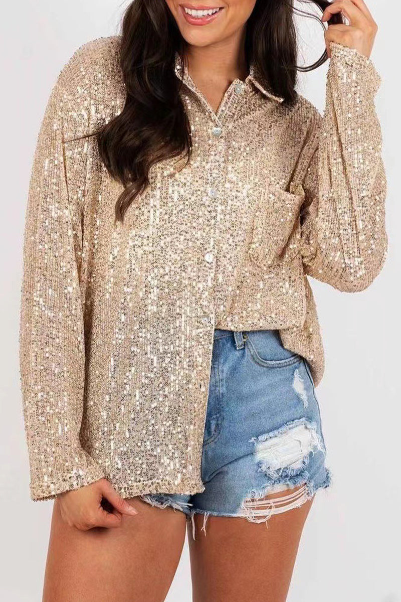 Casual Solid Sequins Turndown Collar Tops Champagne