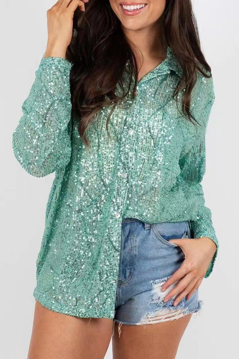 Casual Solid Sequins Turndown Collar Tops Light Green