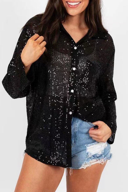 Casual Solid Sequins Turndown Collar Tops Black