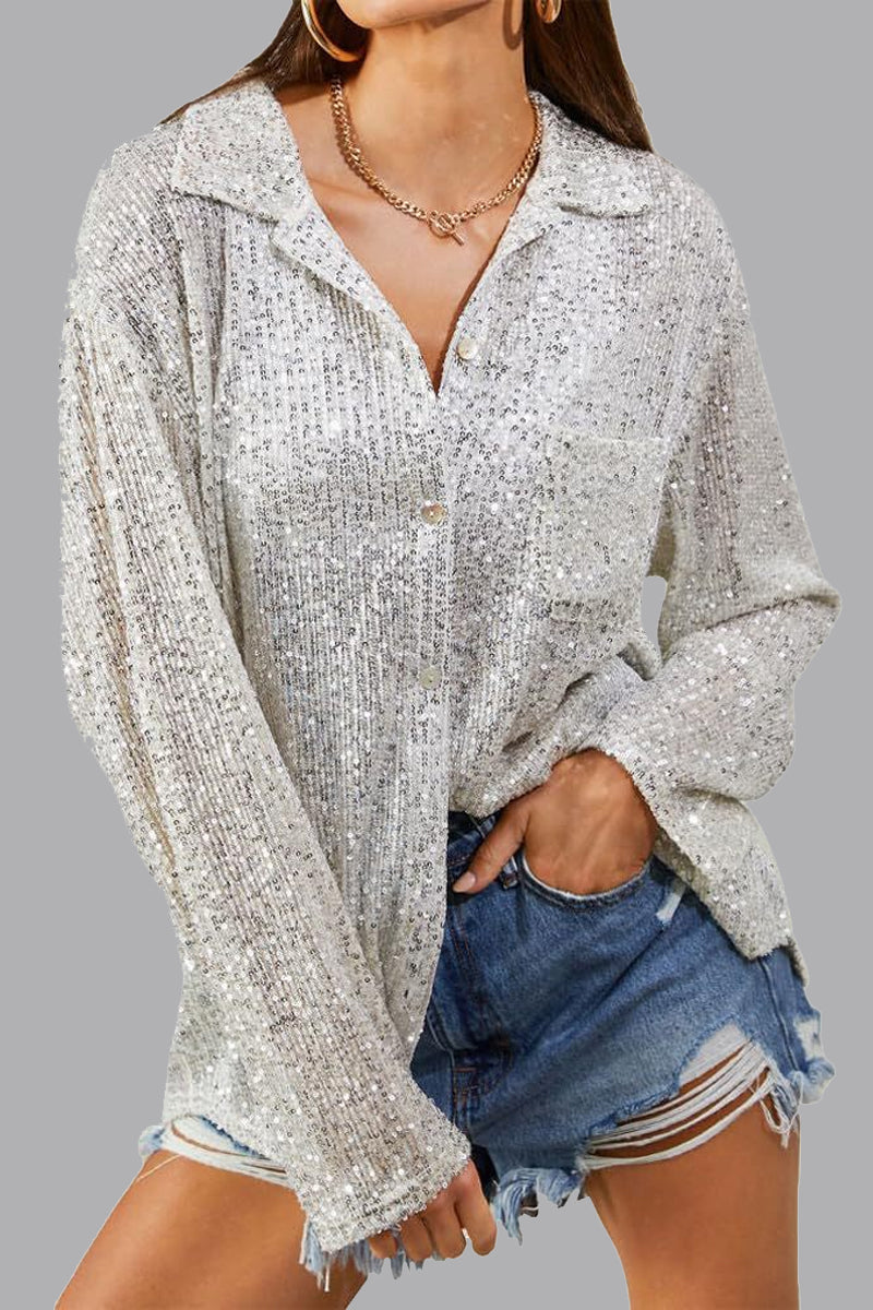 Casual Solid Sequins Turndown Collar Tops Silver White