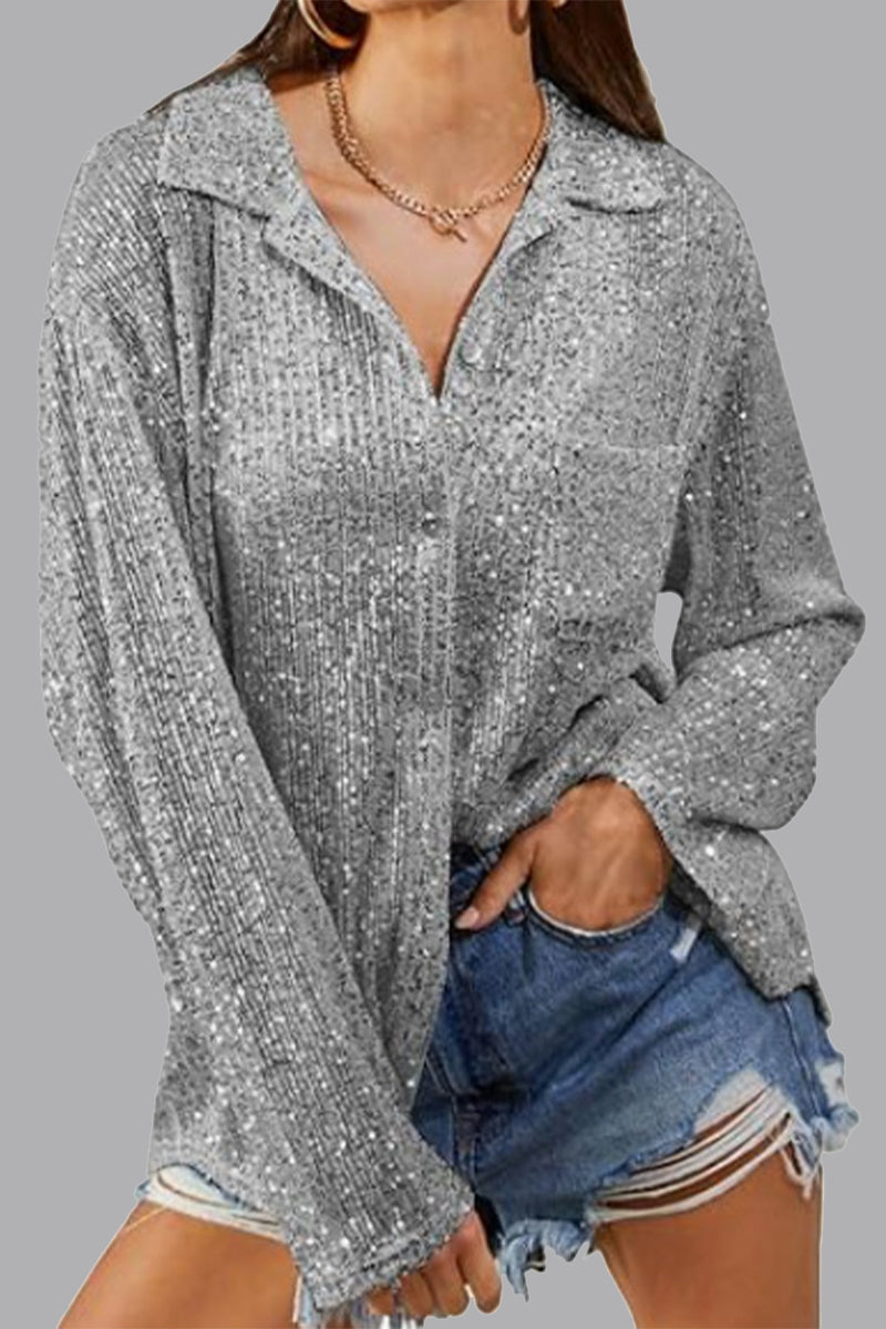 Casual Solid Sequins Turndown Collar Tops Grey