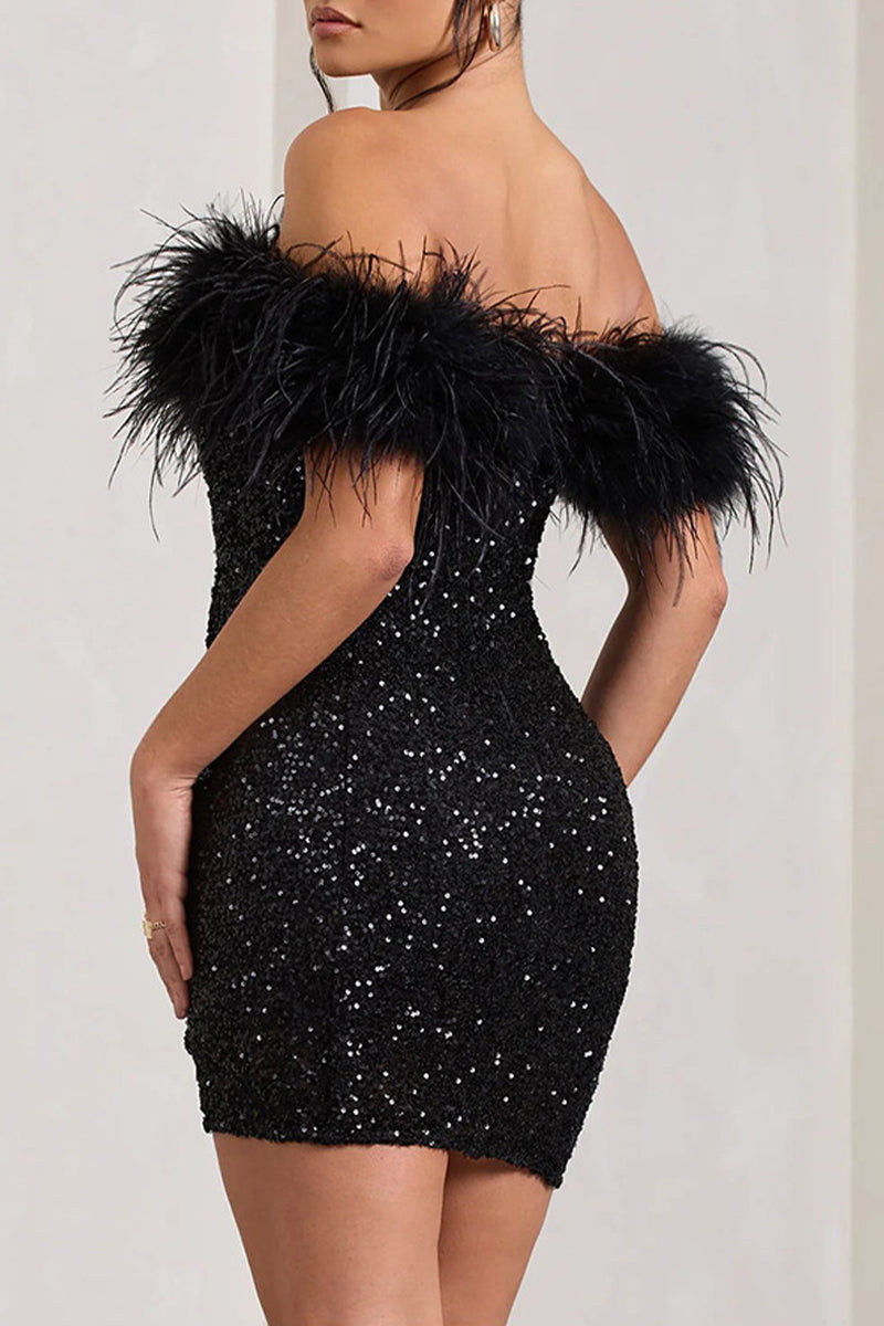 Sexy Solid Sequins Feathers Off the Shoulder Wrapped Skirt Dresses