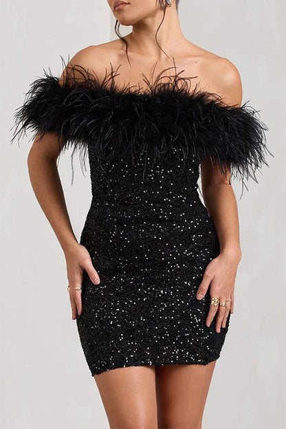 Sexy Solid Sequins Feathers Off the Shoulder Wrapped Skirt Dresses Black