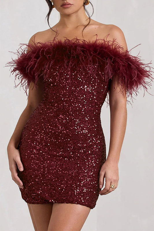 Sexy Solid Sequins Feathers Off the Shoulder Wrapped Skirt Dresses Burgundy