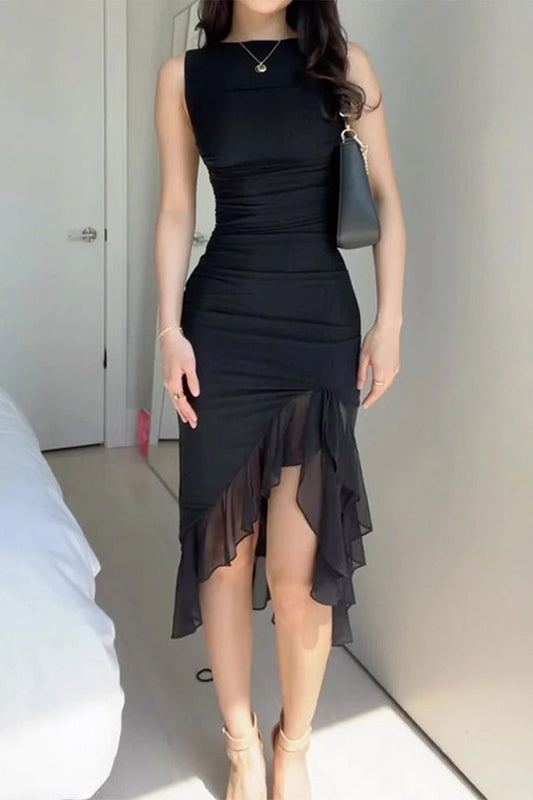 Sexy Celebrities Solid Fold Asymmetrical O Neck Irregular Dress Dresses Black