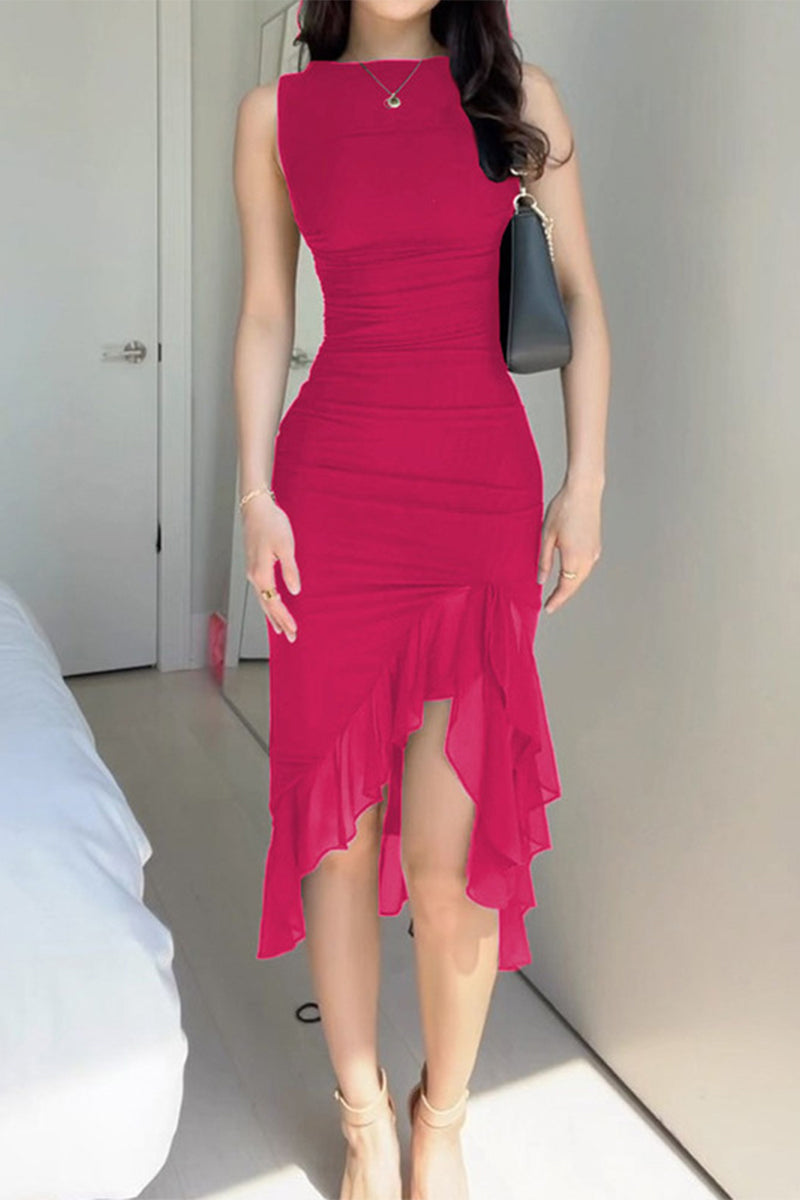 Sexy Celebrities Solid Fold Asymmetrical O Neck Irregular Dress Dresses Rose Red