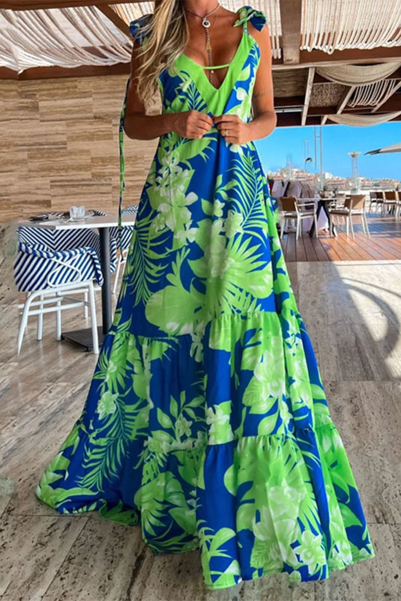 Sexy Vacation Floral Fold V Neck Printed Dress Dresses Turquoise