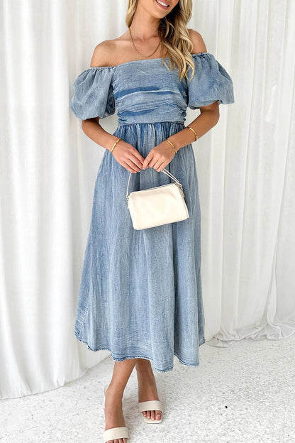 Elegant Solid Fold Off the Shoulder Short Sleeve Denim Dresses