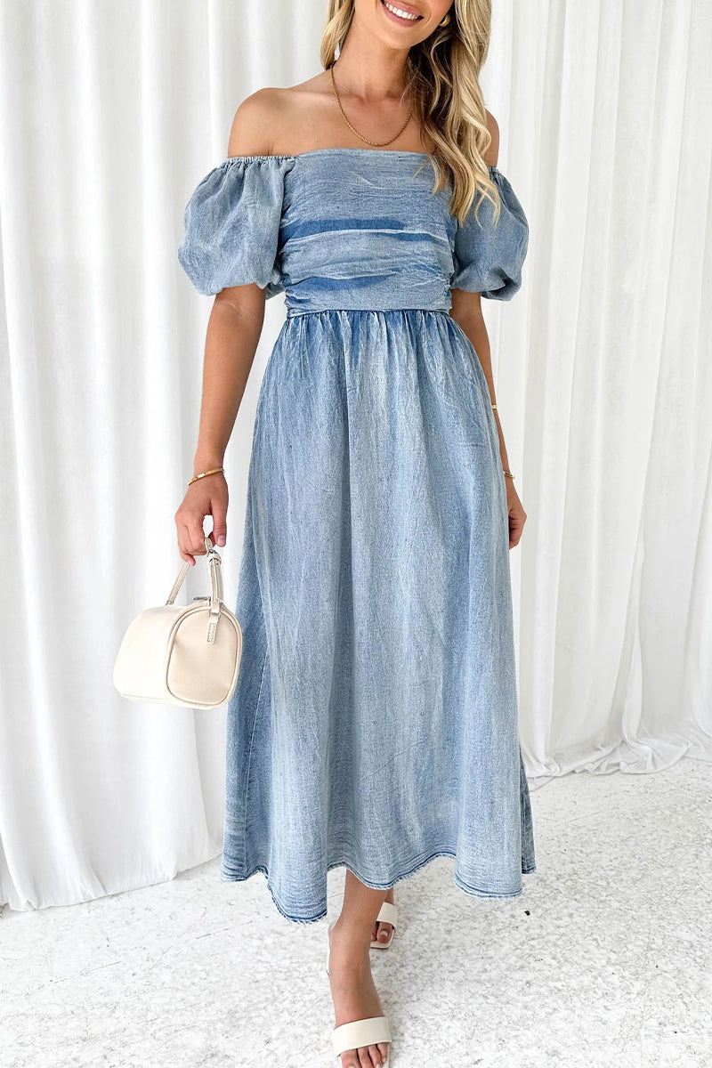 Elegant Solid Fold Off the Shoulder Short Sleeve Denim Dresses