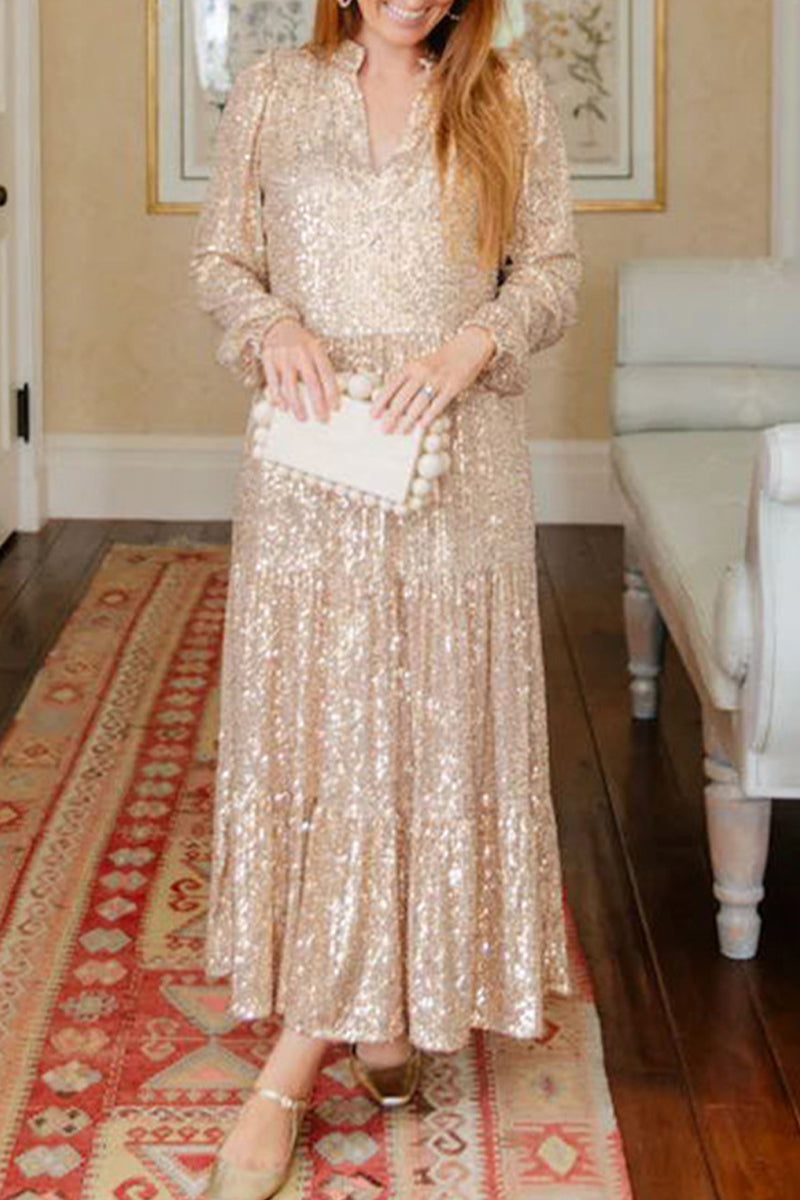 Celebrities Elegant Solid Sequins Sequined V Neck Long Sleeve Dresses Champagne