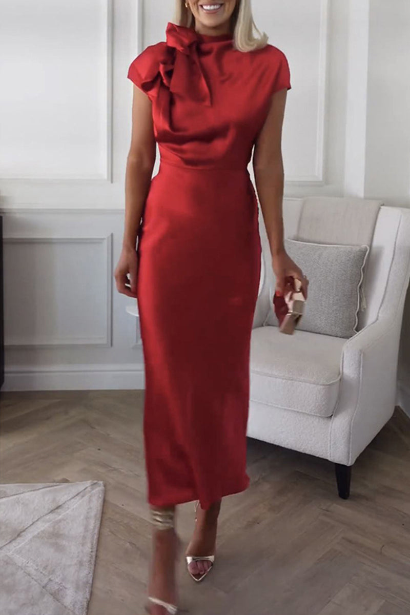 Celebrities Elegant Solid Bandage Half A Turtleneck Sleeveless Dress Dresses Red