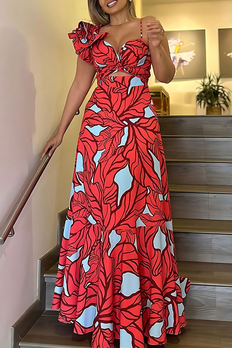 Elegant Print Patchwork Spaghetti Strap Printed Dress Dresses Red