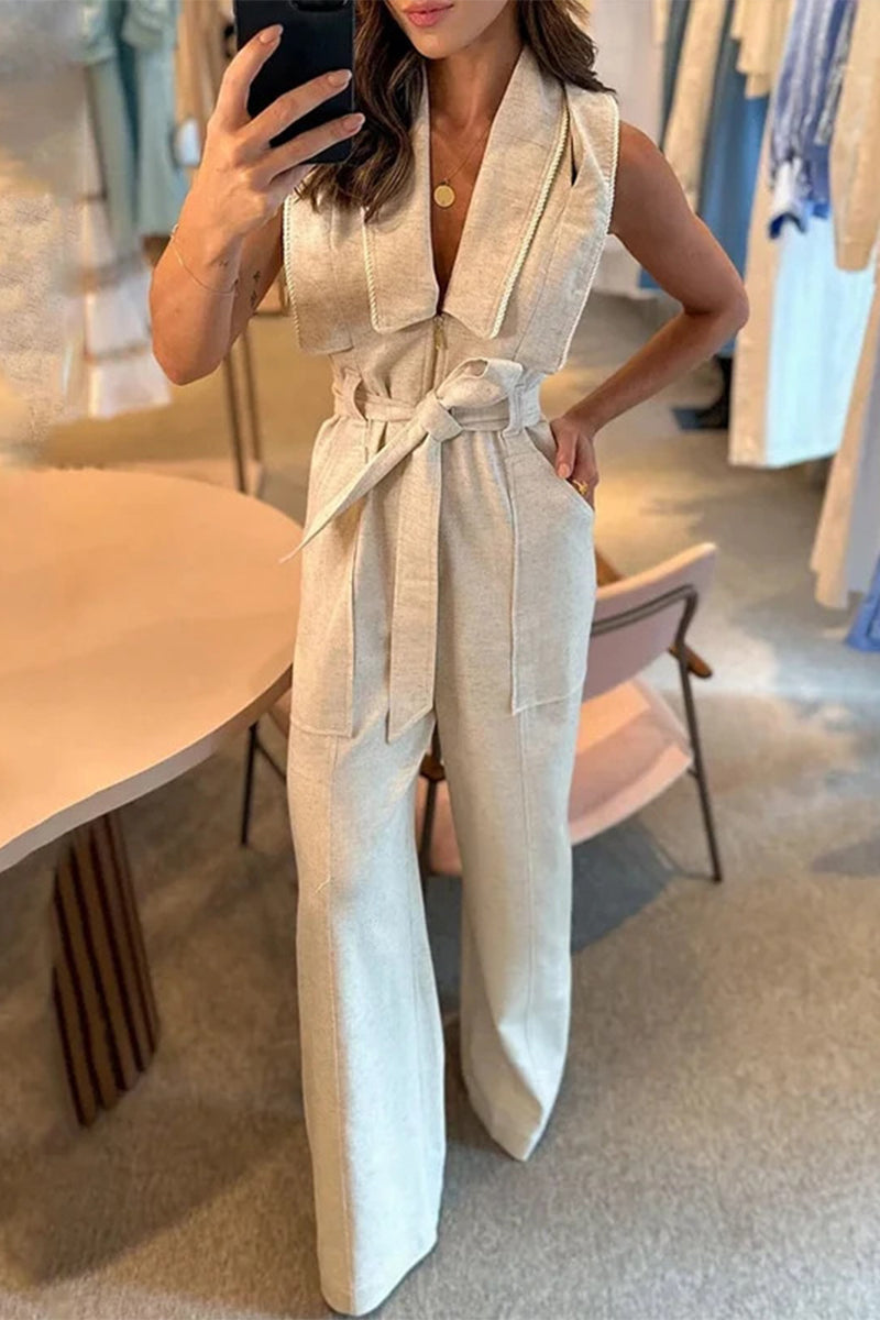 Casual British Style Solid Bandage Turndown Collar Regular Jumpsuits Cream White