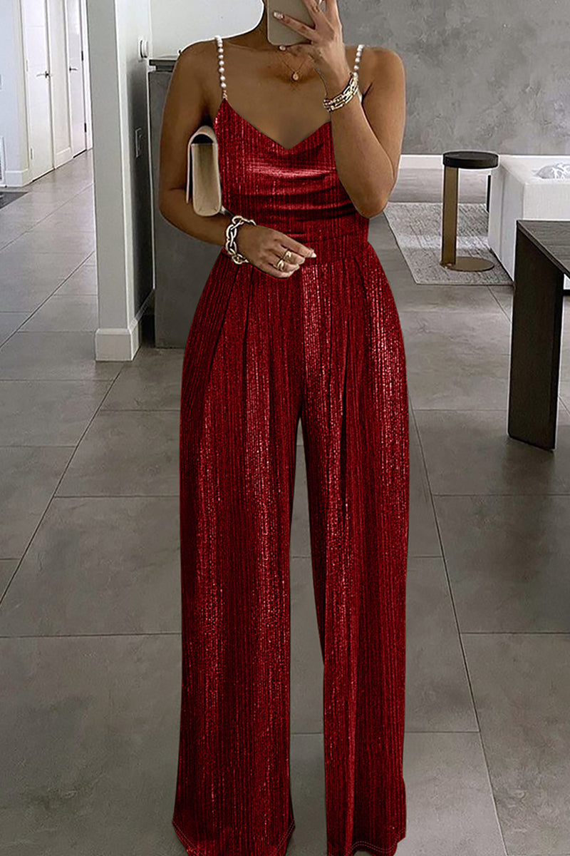 Sexy Casual Solid Backless Spaghetti Strap Regular Jumpsuits(3 Colors) Red