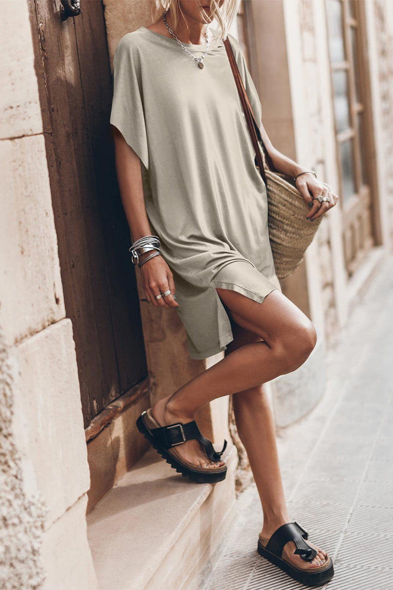 Casual Simplicity Solid Slit O Neck Short Sleeve Dress Dresses Apricot