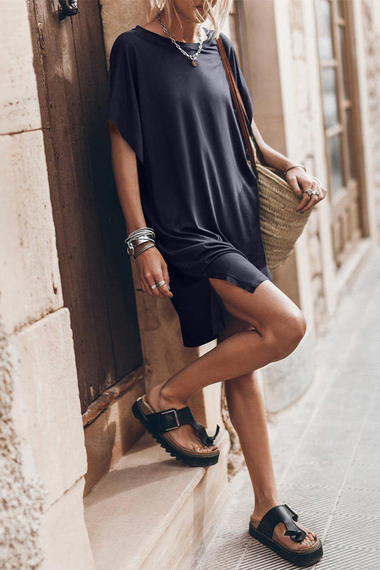 Casual Simplicity Solid Slit O Neck Short Sleeve Dress Dresses Navy