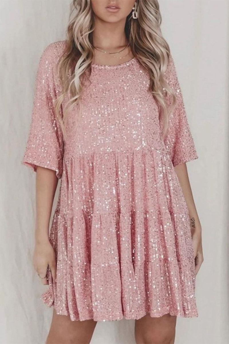 Casual Solid Sequins Sequined O Neck A Line Dresses(9 Colors) Pink