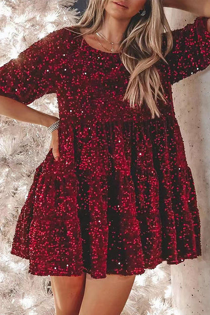 Casual Solid Sequins Sequined O Neck A Line Dresses(9 Colors) Burgundy