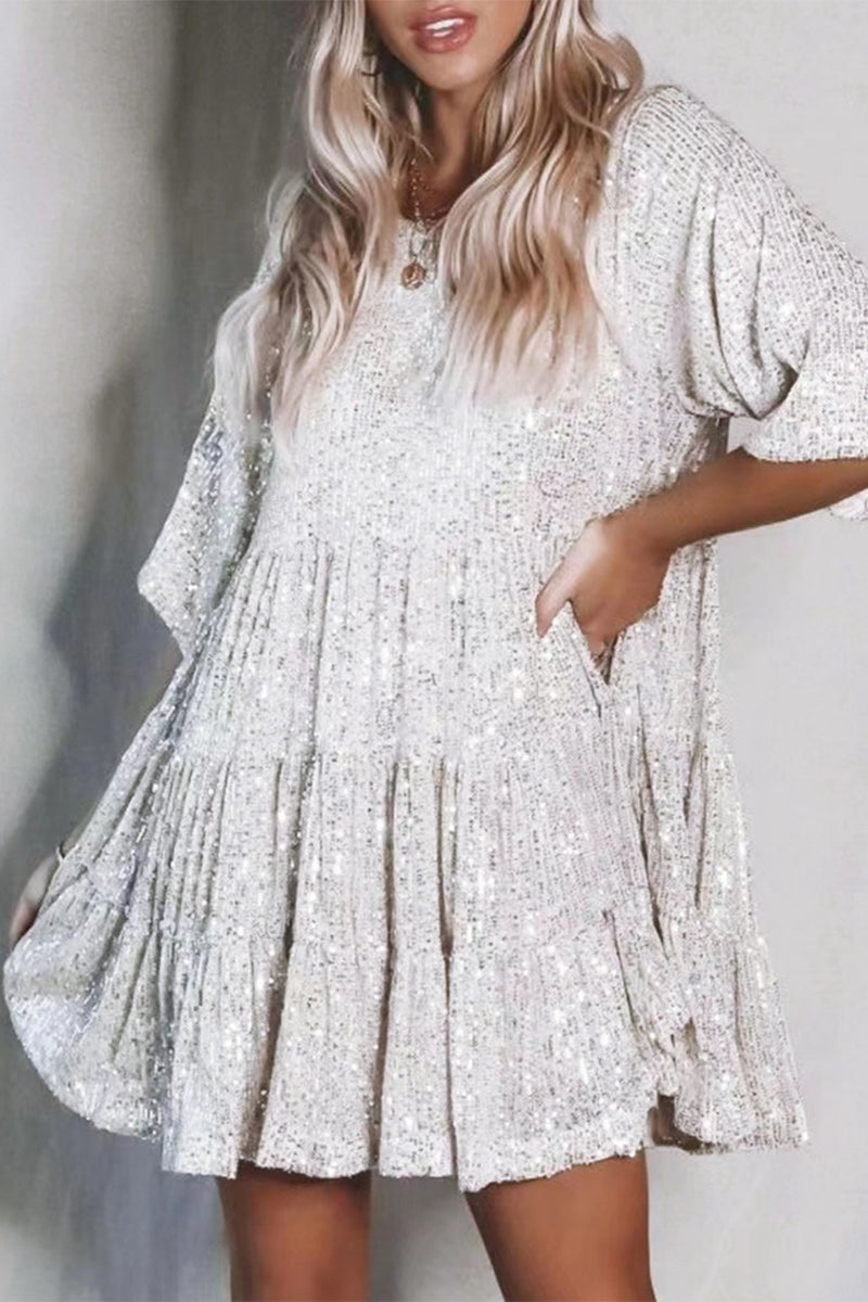 Casual Solid Sequins Sequined O Neck A Line Dresses(9 Colors) Silver White