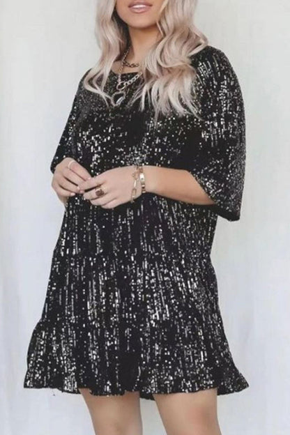 Casual Solid Sequins Sequined O Neck A Line Dresses(9 Colors) Black