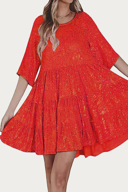 Casual Solid Sequins Sequined O Neck A Line Dresses(9 Colors) Red