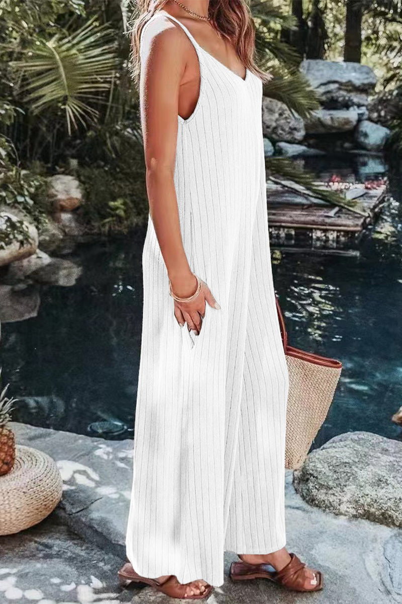 Casual Simplicity Solid Backless V Neck Loose Jumpsuits White