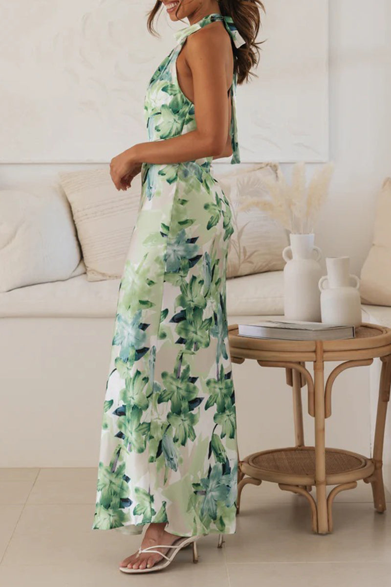 Cute Elegant Floral Backless Halter Printed Dress Dresses