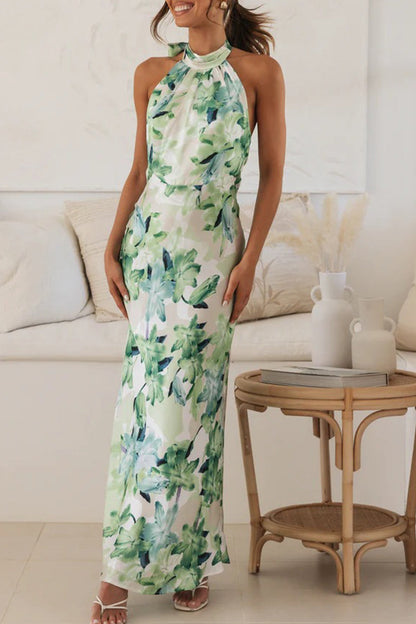 Cute Elegant Floral Backless Halter Printed Dress Dresses Green