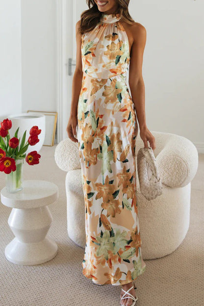 Cute Elegant Floral Backless Halter Printed Dress Dresses Yellow