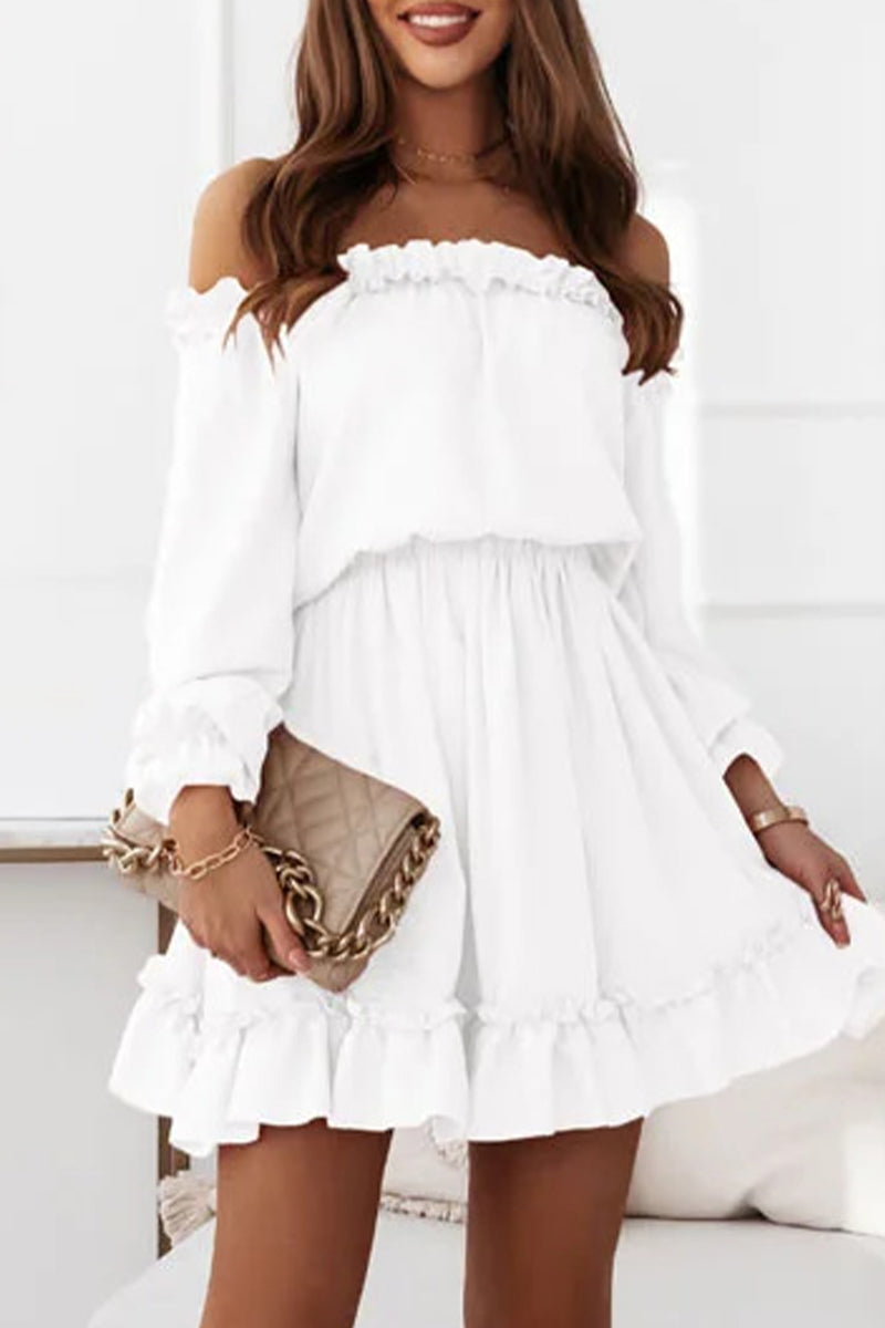 Sweet Solid Flounce Off the Shoulder Princess Dresses