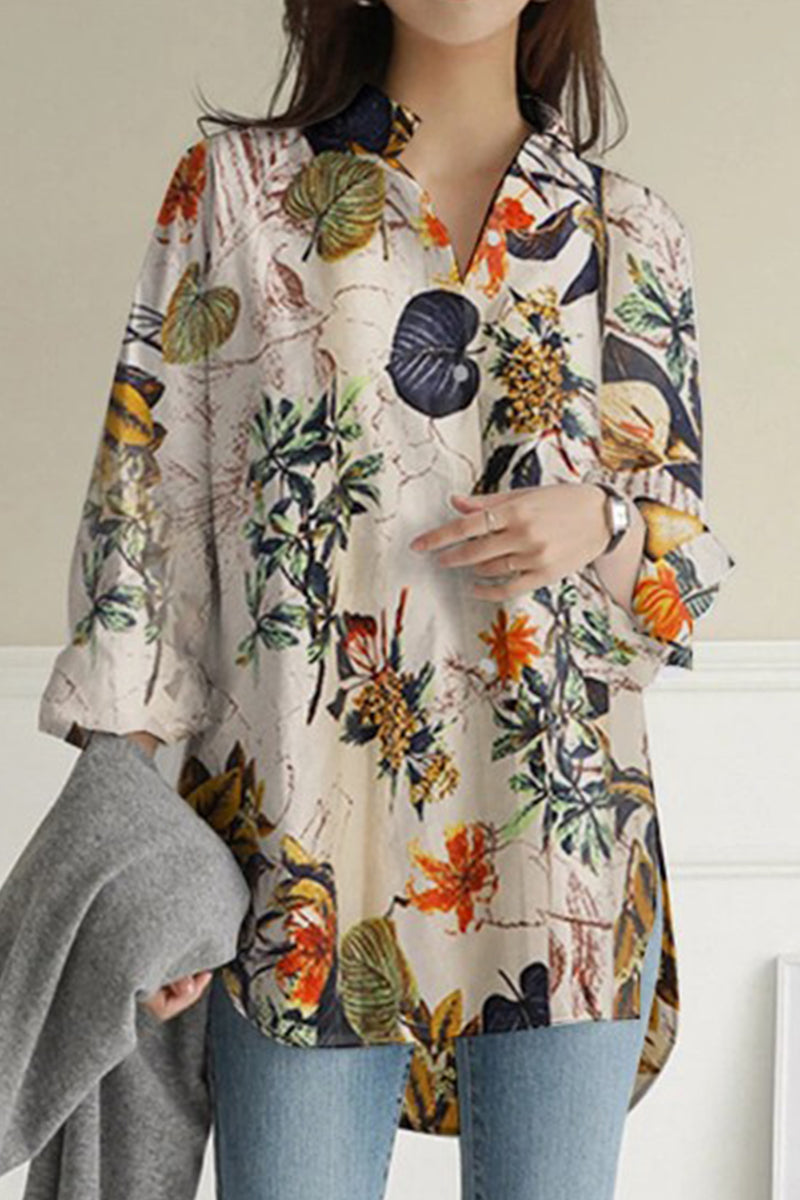 Sexy Floral Turndown Collar Tops(3 Colors) Khaki