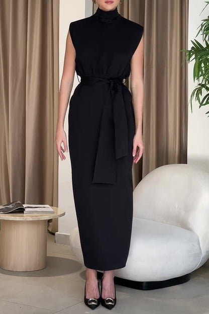 Celebrities Elegant Solid Backless Slit Half A Turtleneck One Step Skirt Dresses Black