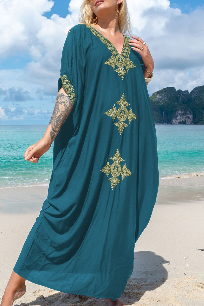 Casual Vacation Solid Embroidered Contrast Swimwears Cover Up(5 Colors) Peacock Blue One Size