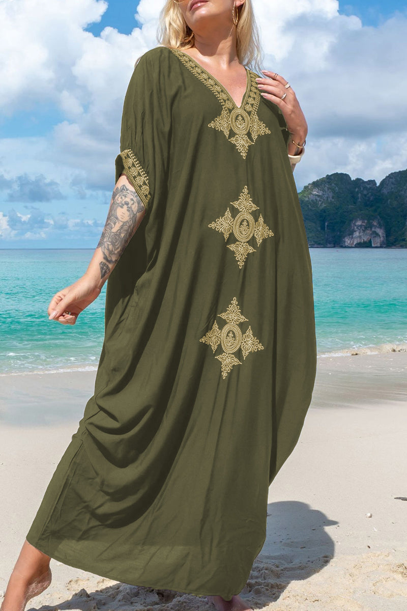 Casual Vacation Solid Embroidered Contrast Swimwears Cover Up(5 Colors) Army Green One Size