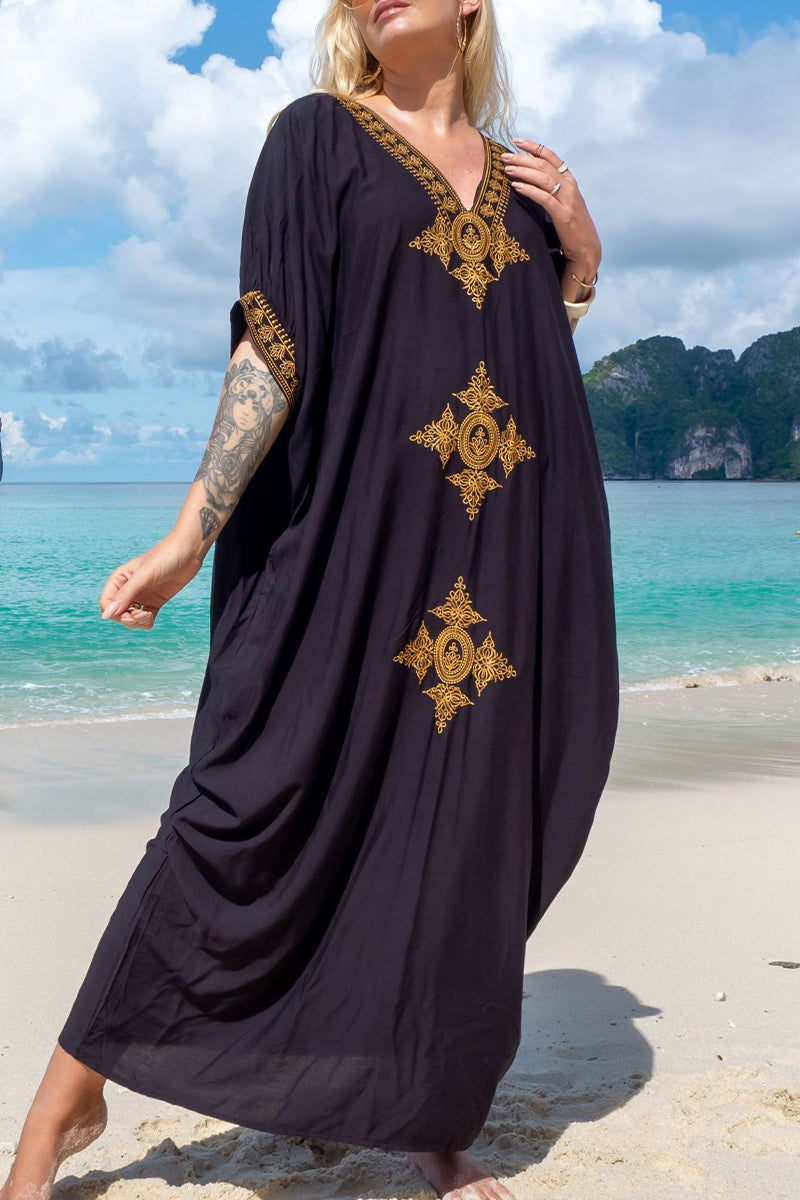 Casual Vacation Solid Embroidered Contrast Swimwears Cover Up(5 Colors) Black One Size