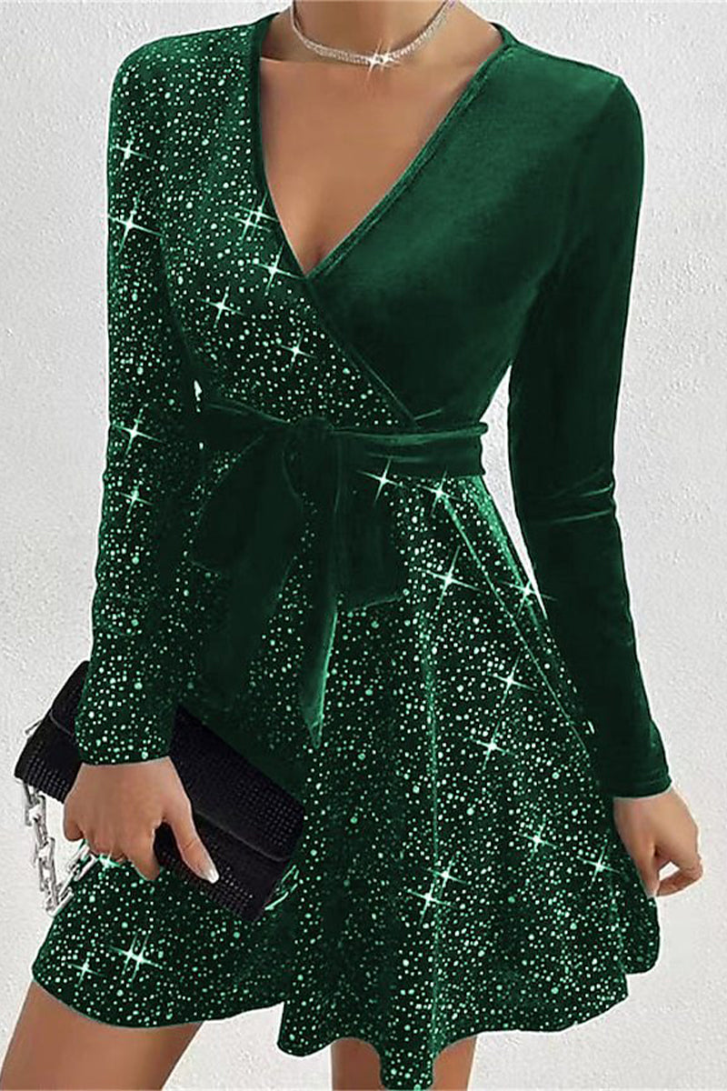 Sexy Gradual Change Bandage Sequins V Neck A Line Dresses Green