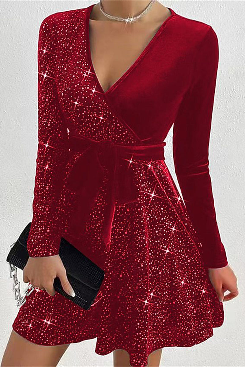 Sexy Gradual Change Bandage Sequins V Neck A Line Dresses Red