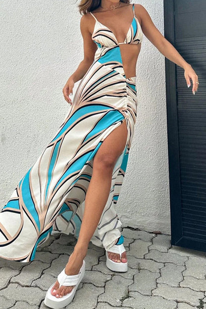 Sexy Vacation Geometric Print Frenulum Slit V Neck Irregular Dress Dresses Sky Blue