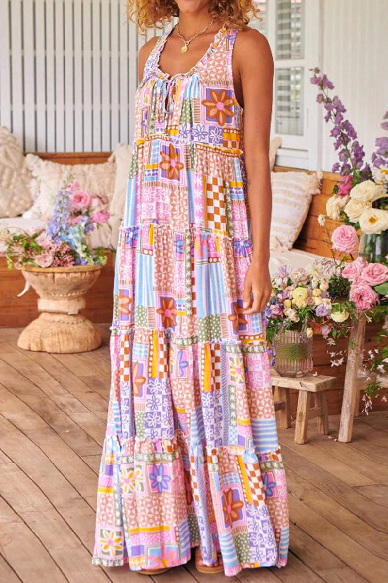 Casual Sweet Not Positioning Printed Patchwork Contrast O Neck Printed Dress Dresses Pink