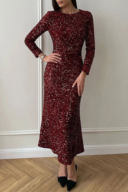 Celebrities Elegant Solid Sequins Sequined O Neck One Step Skirt Dresses Burgundy