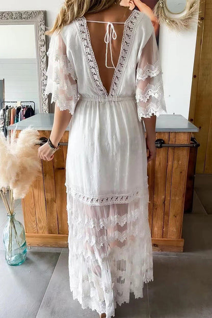 Sexy Vacation Solid Lace Tassel V Neck A Line Dresses