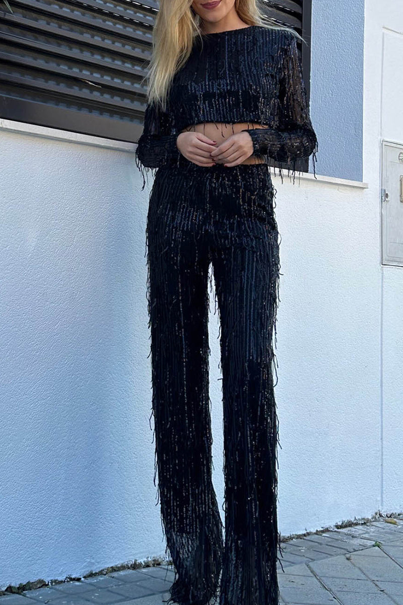 Sexy Solid Tassel Sequins Sequined O Neck Long Sleeve Two Pieces Black