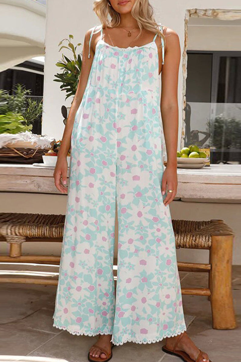 Casual Sweet Floral Backless U Neck Loose Jumpsuits Light Blue