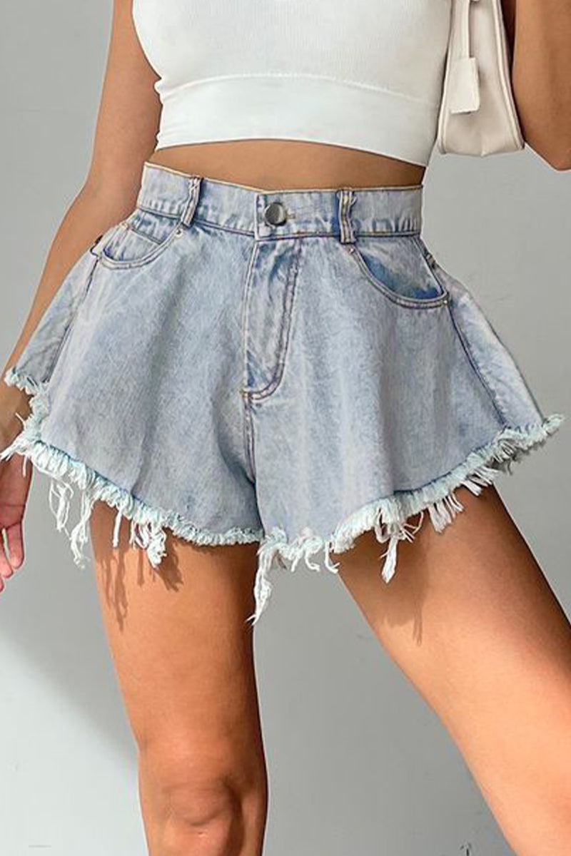 Sexy Solid Tassel Ripped High Waist Denim Shorts Light Blue